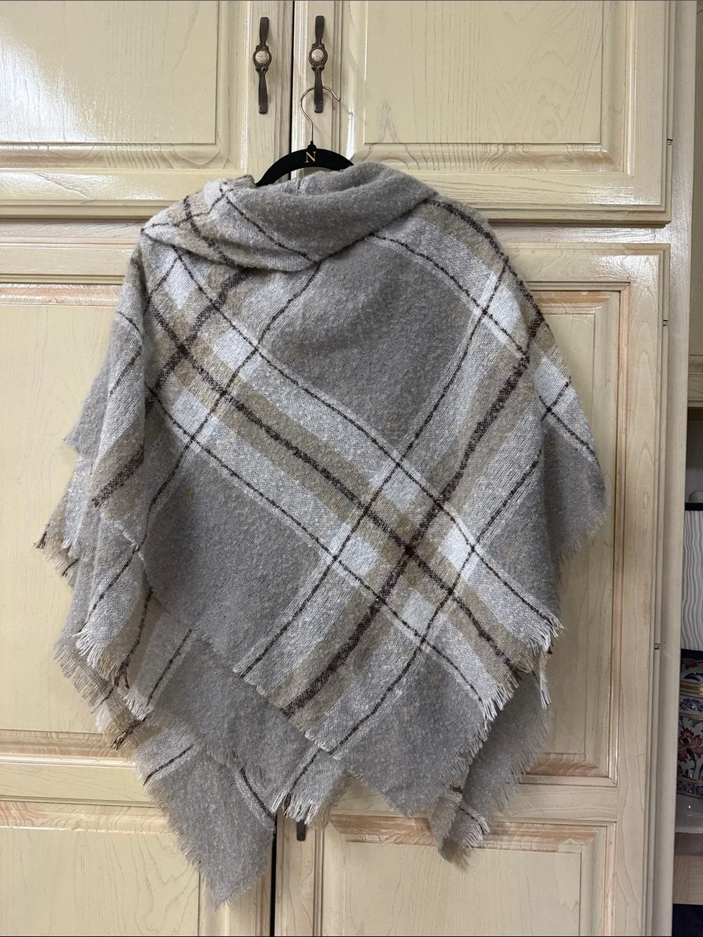 Plaid Shawl Wrap in Soft Gray with Toggle Closure